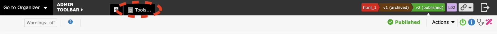 Zenario Admin Toolbar, highlighting Tools view button