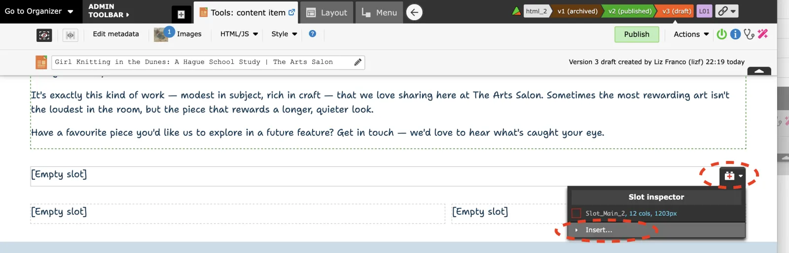 Zenario CMS interface showing article editor with empty slots and slot inspector panel