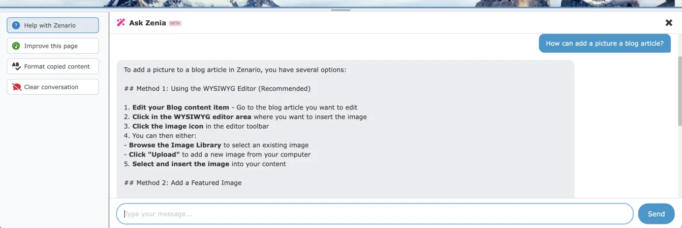 Ask Zenia interface in Zenario