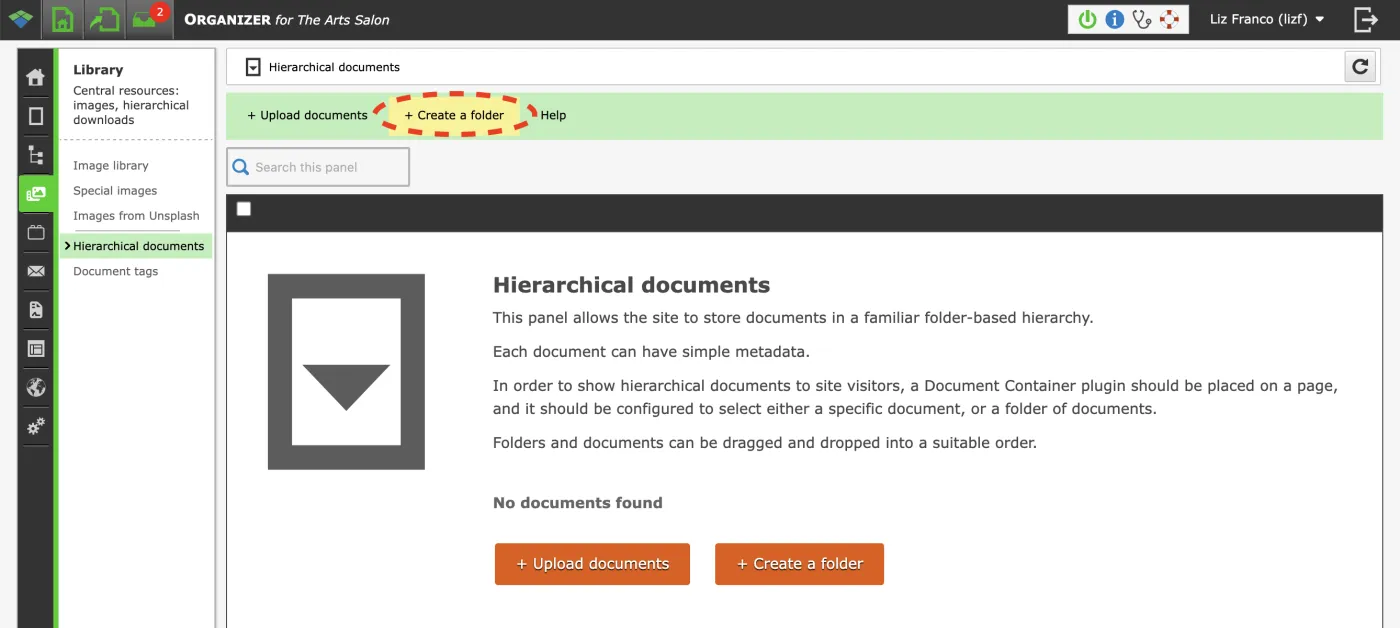 Hierarchical documents panel in Zenario showing folder structure and upload options