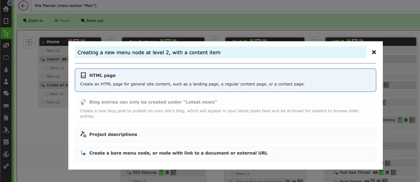 Zenario Menu Site Planner