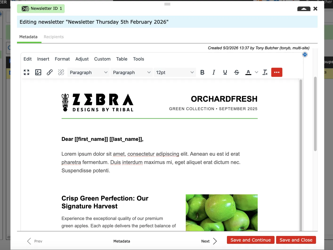 Newsletter editing interface showing sample template in Zenario