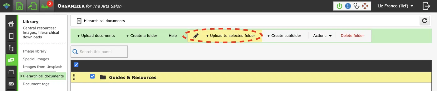 Zenario interface showing hierarchical documents library with folder