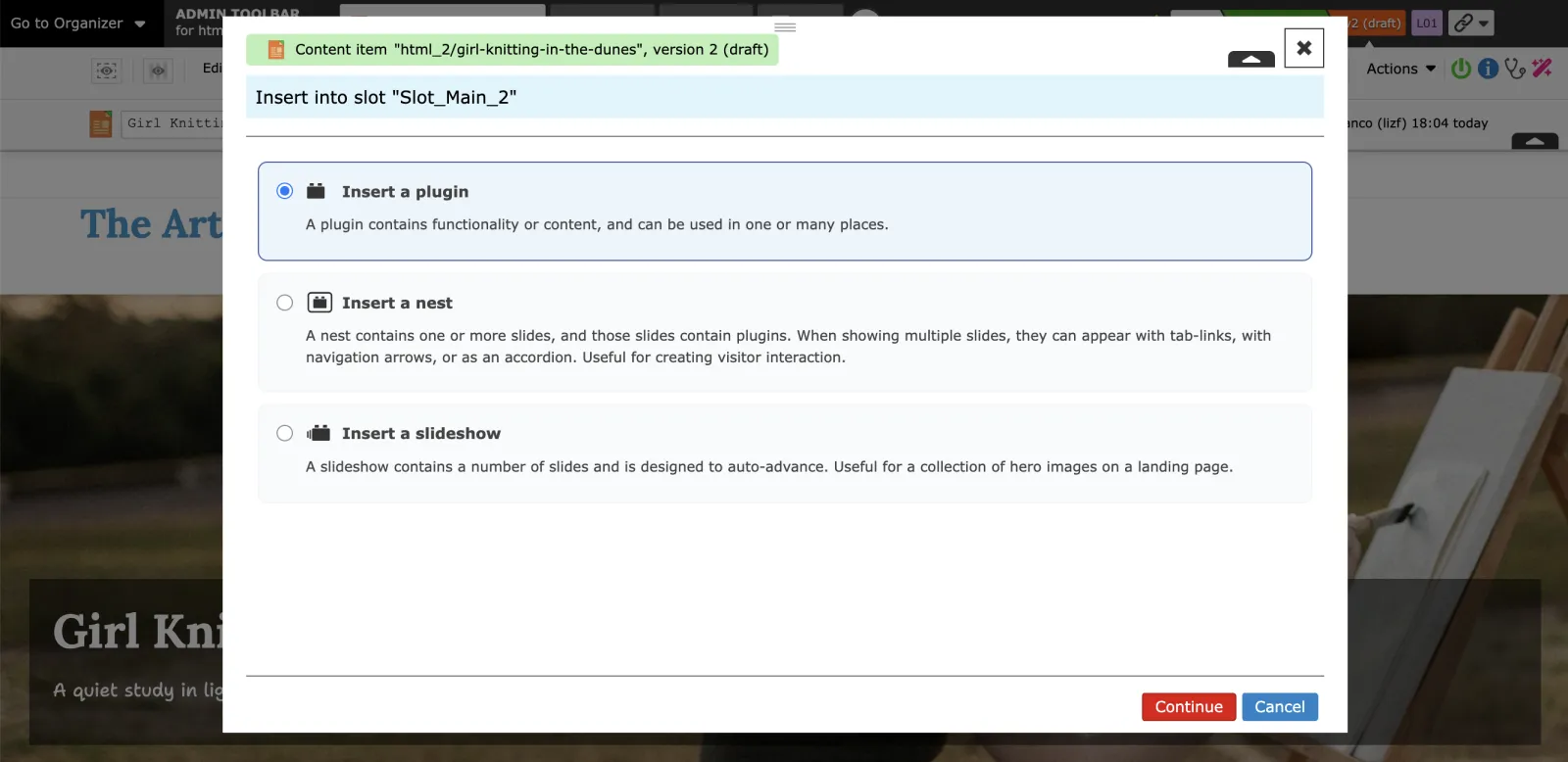Zenario dialog box showing three insert options