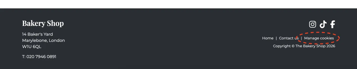 Zenario website showing Manage cookies link on footer menu