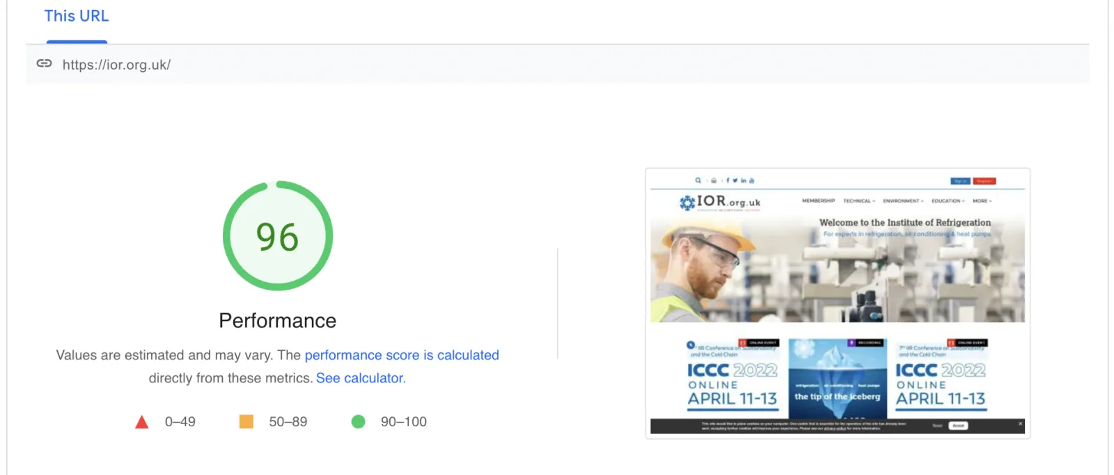 PageSpeed Running On IOR With Score 96
