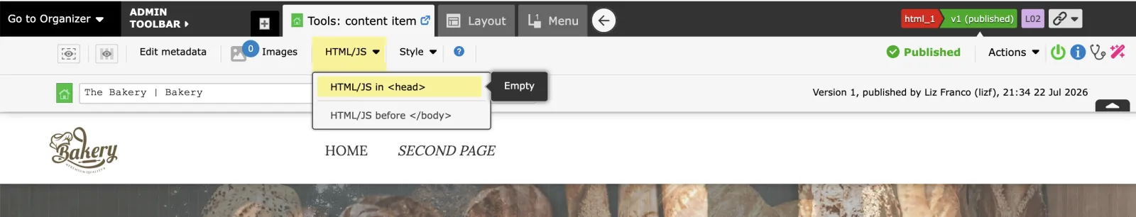 Zenario admin toolbar showing HTML and JS editing options