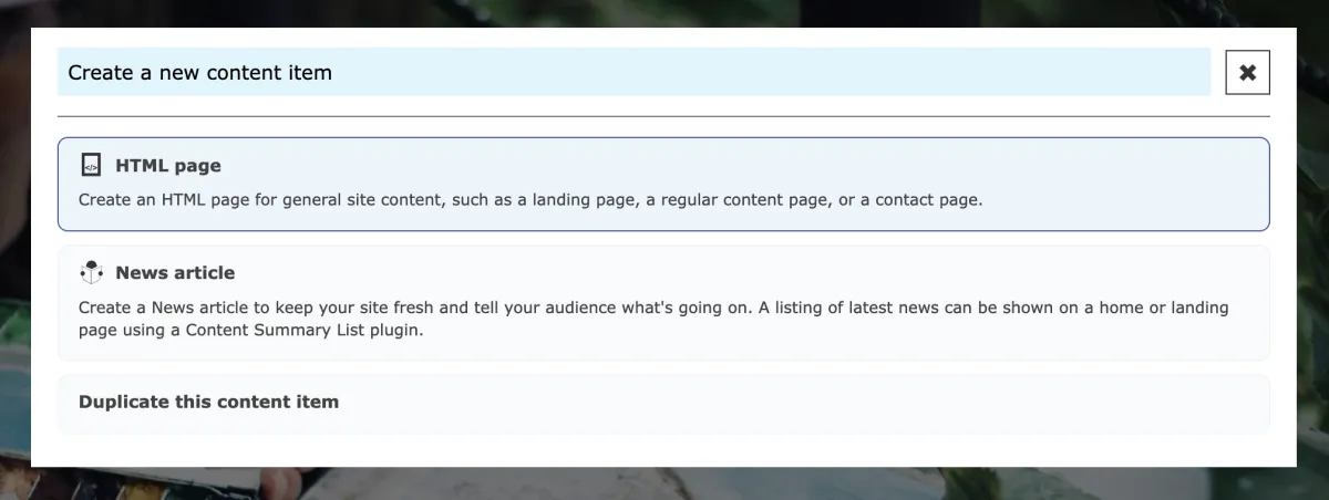 Zenario creating a new content item, box showing choice of content types to create