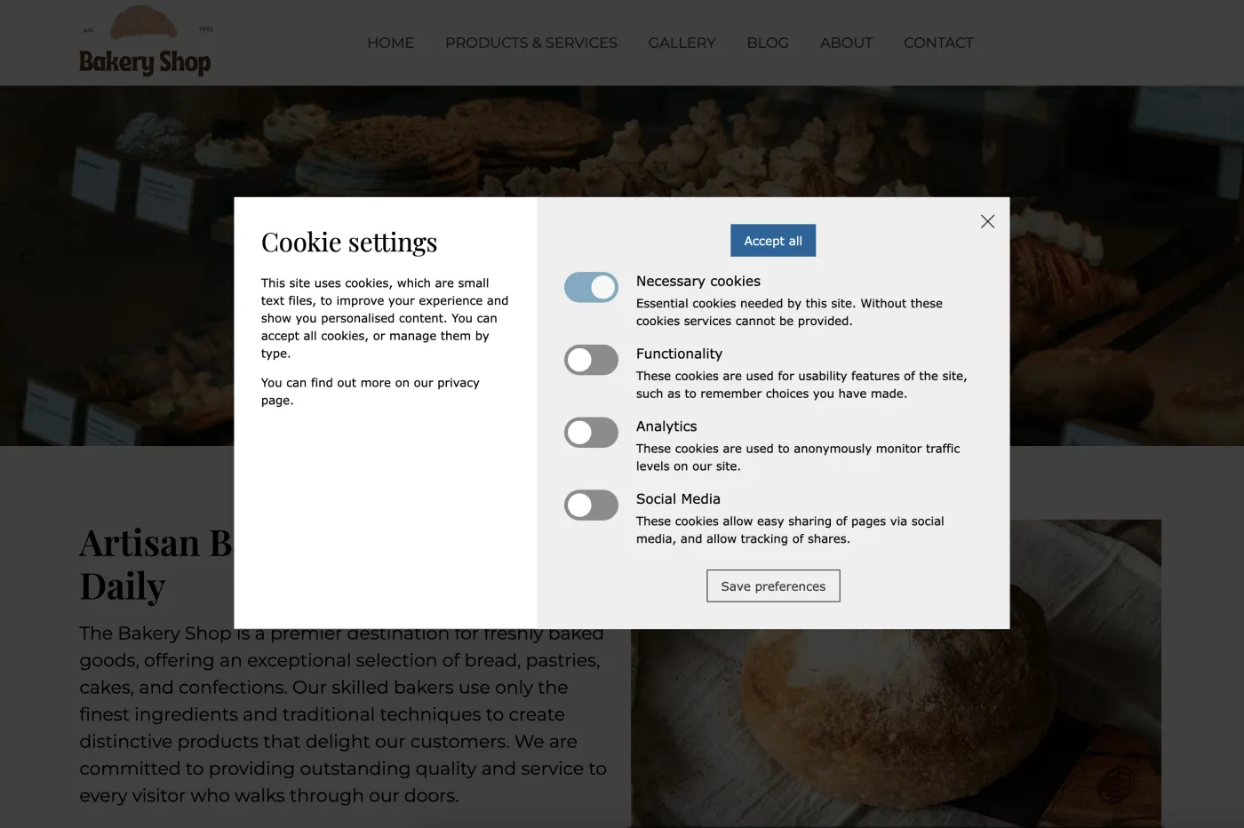 Zenario website showing cookie settings popup