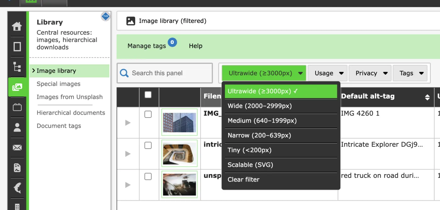 Zenario Image library filtered by width