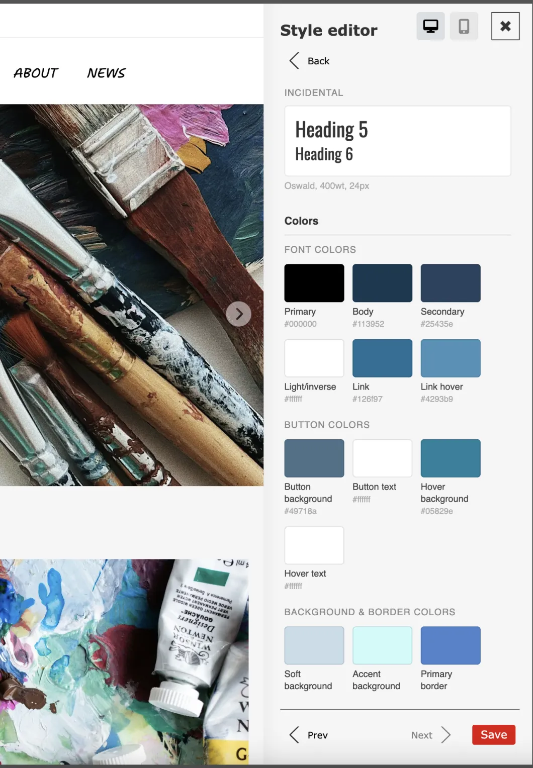 Zenario style editor interface showing color palette and typography settings