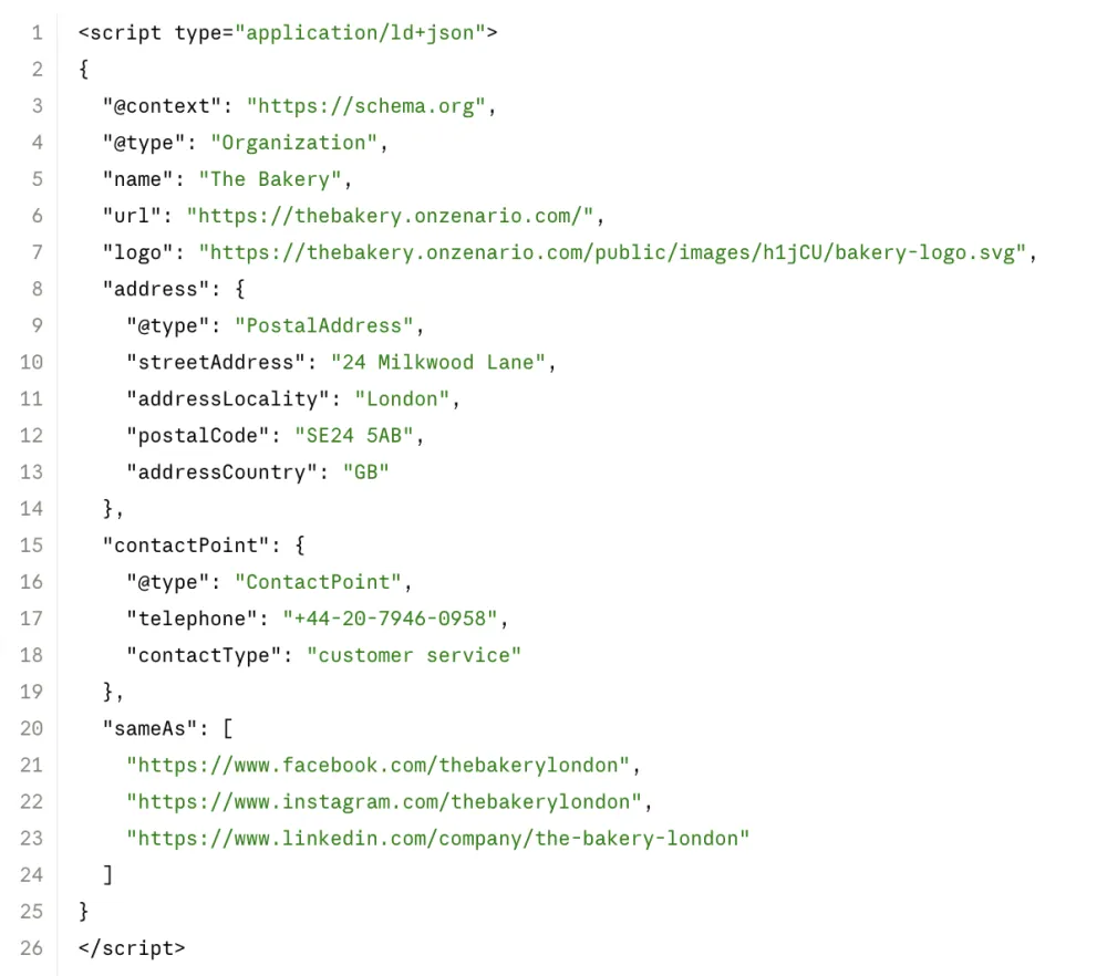 JSON-LD structured data code snippet for a sample page