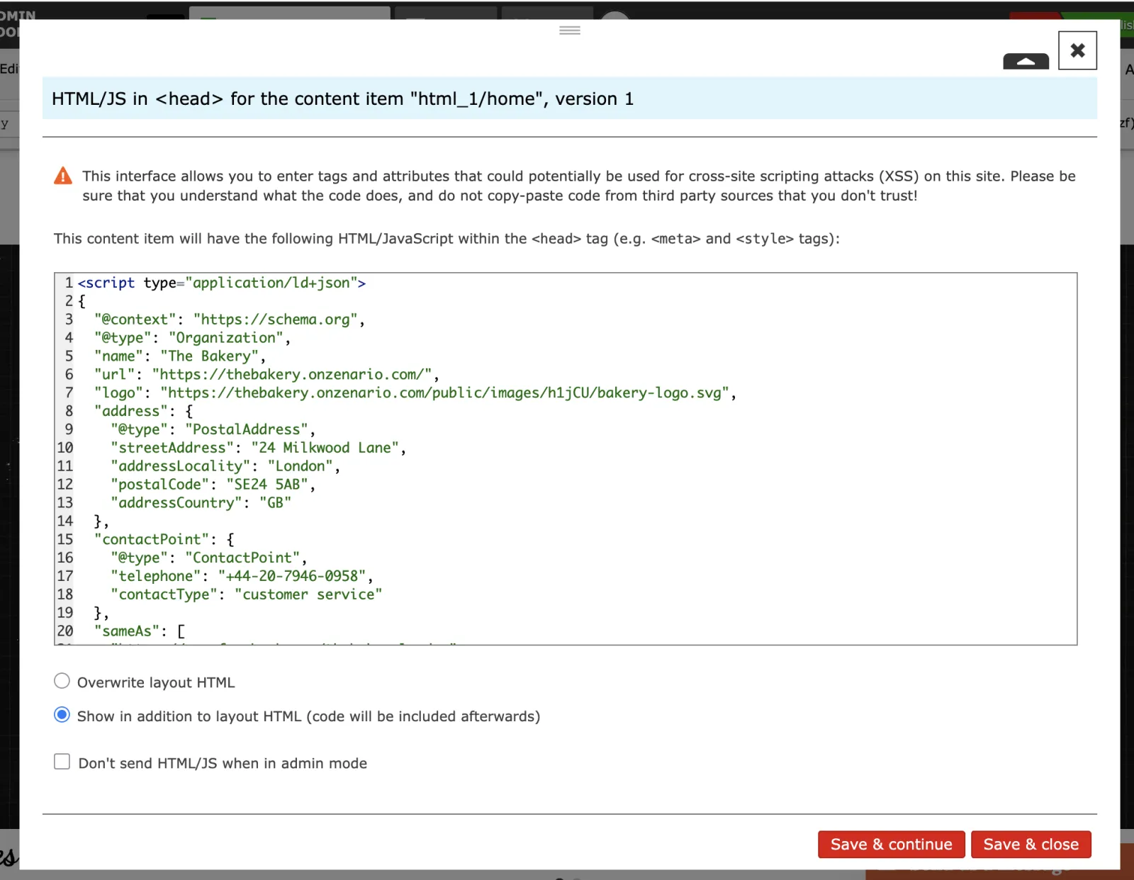 HTML-JS head tag editor in Zenario showing JSON-LD schema code for a sample website