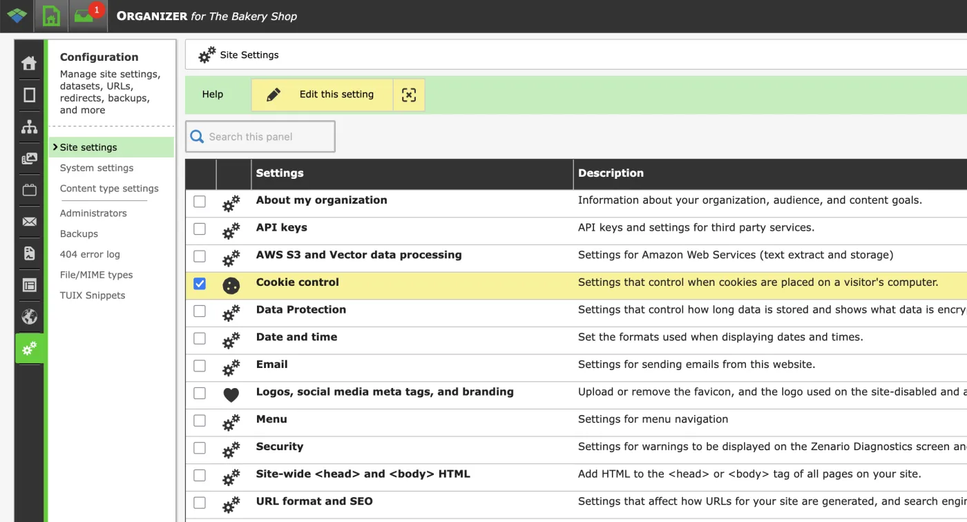 Organizer Site Settings interface