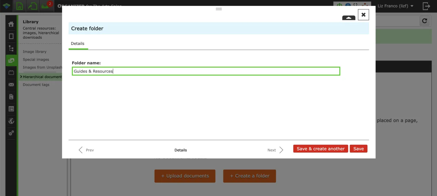 Dialog box for creating a new folder in Zenario
