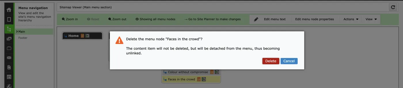 Zenario dialog box confirming deletion of menu node