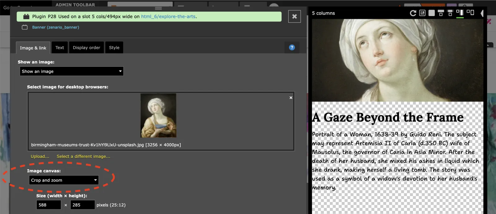 Zenario plugin interface showing image upload settings