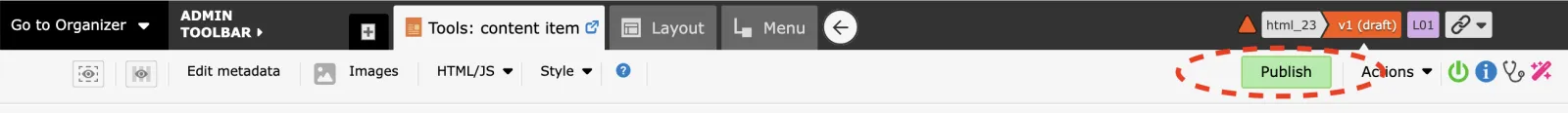 Zenario Admin Toolbar, highlighting Publish button