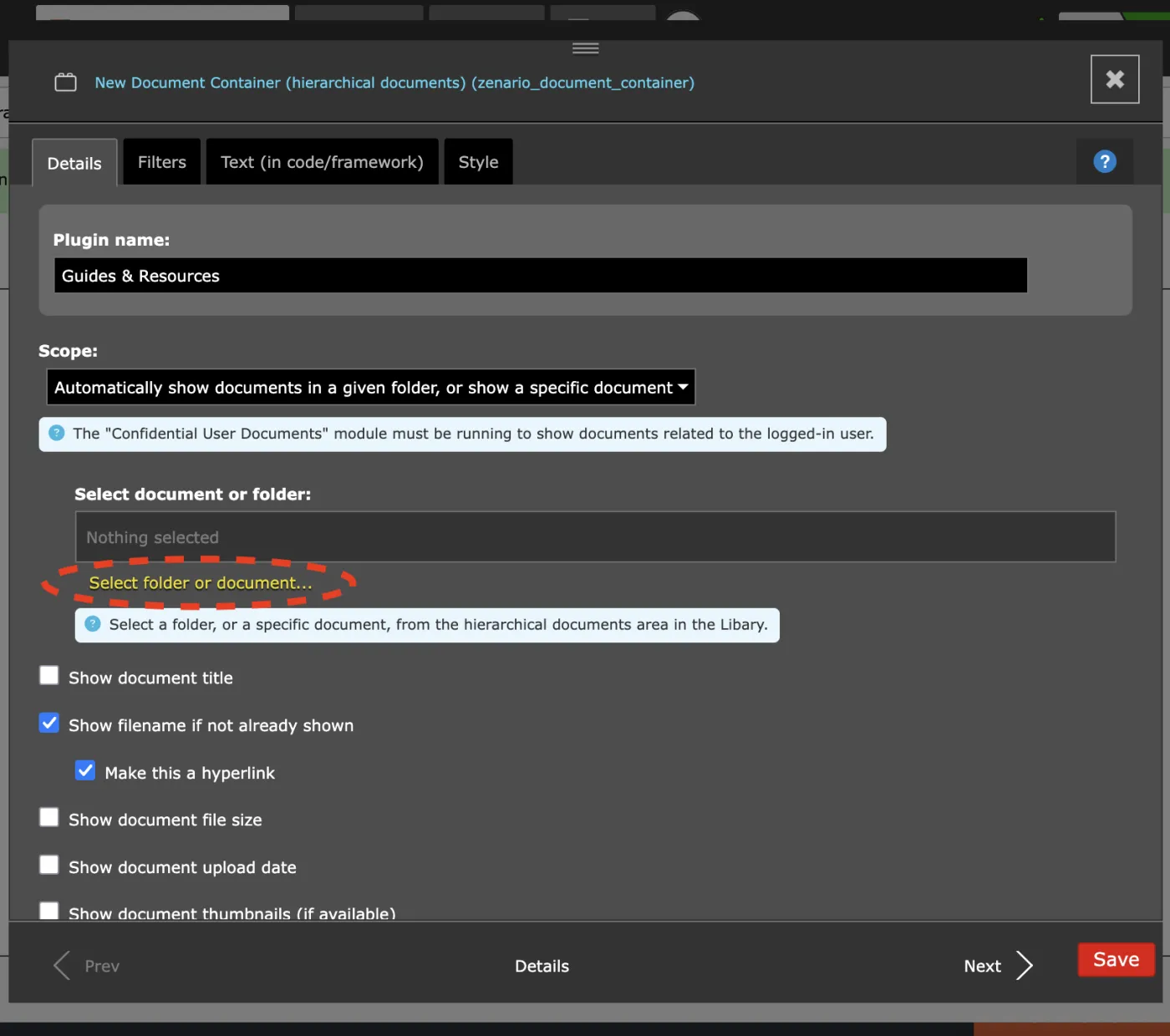 Zenario document container configuration interface with plugin settings and folder selection options