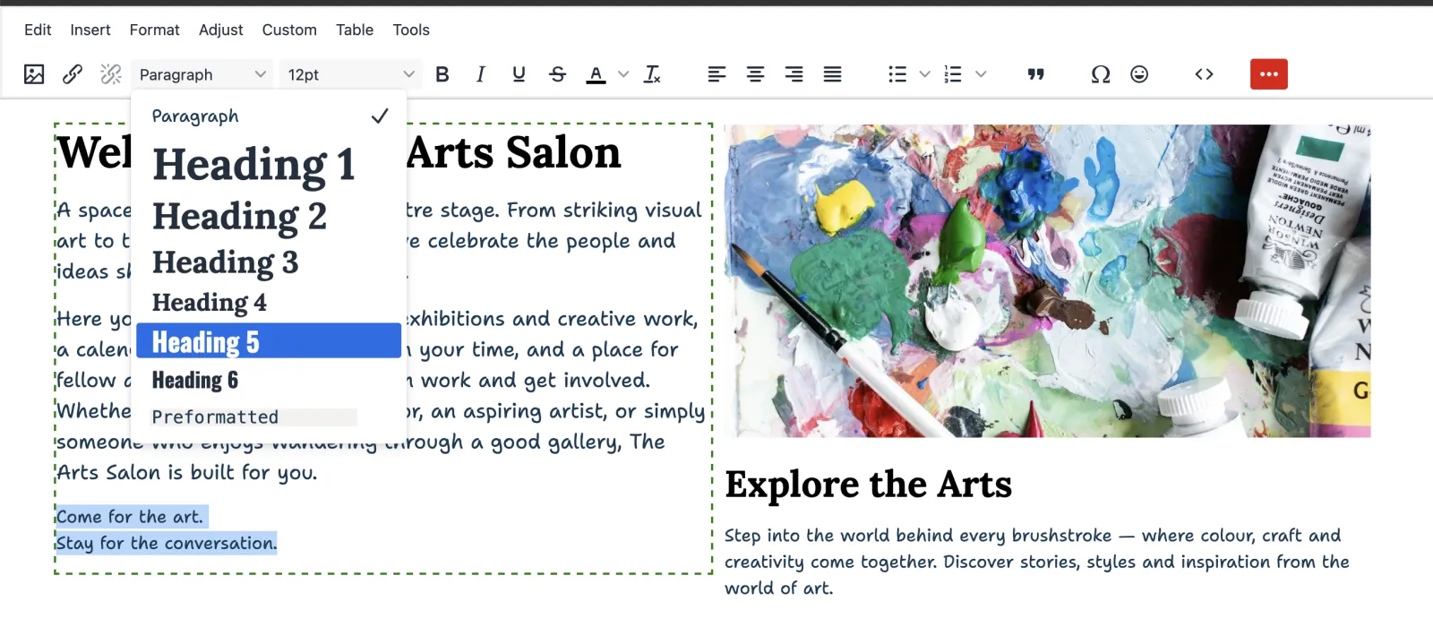 Zenario using the WYSIWYG editor to pick heading font for selected text