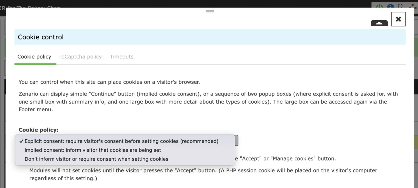 Zenario Cookie control panel