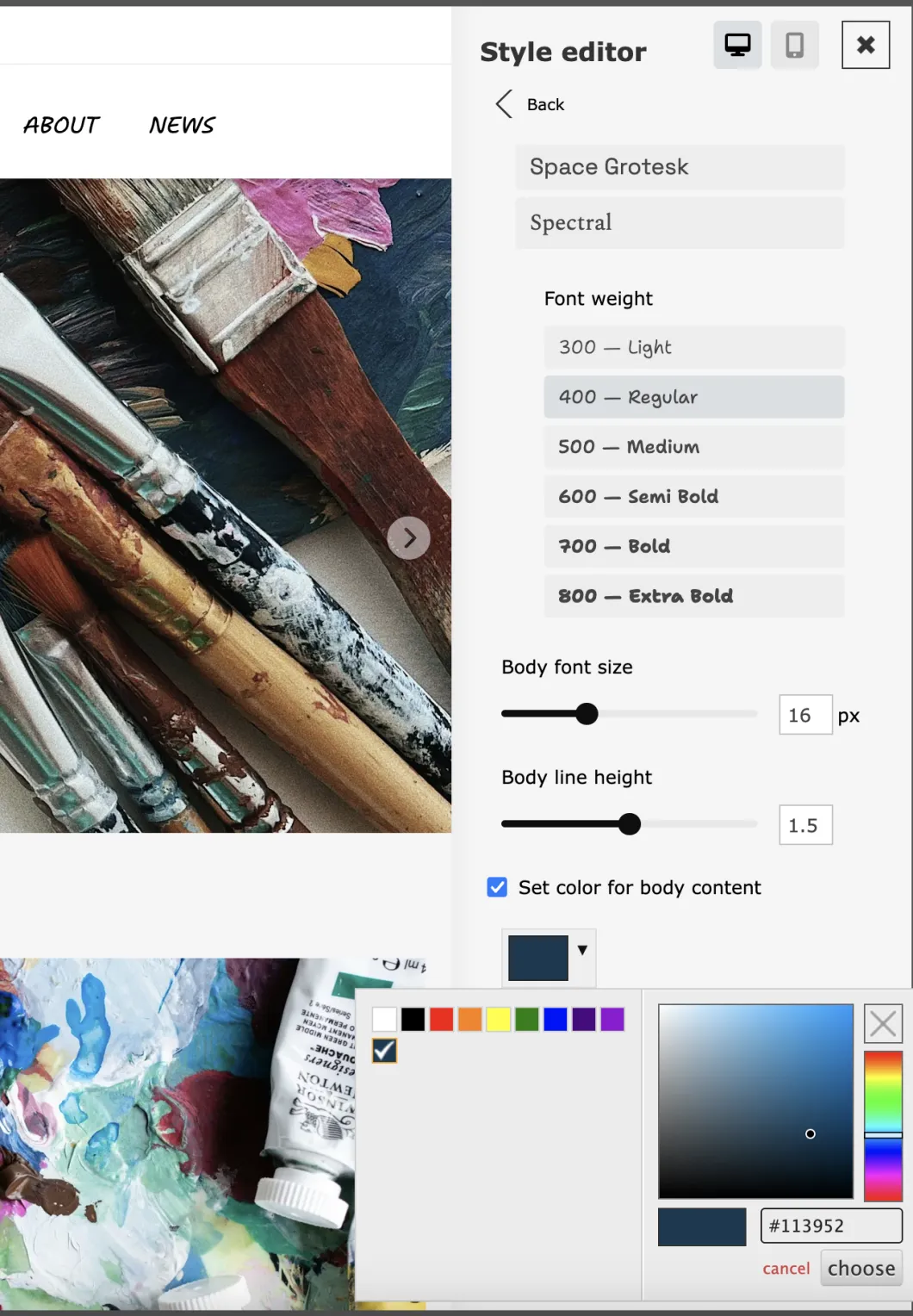 Zenario style editor interface showing font weight options and color picker