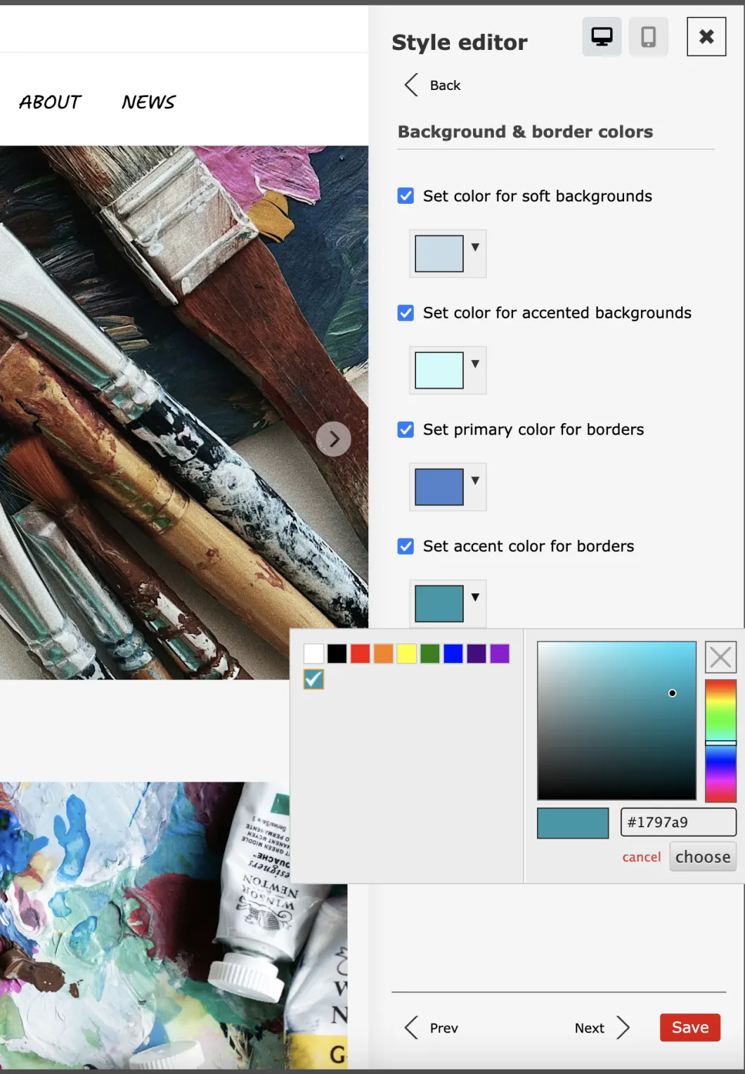 Zenario style editor interface showing color picker and background border customization options for website design