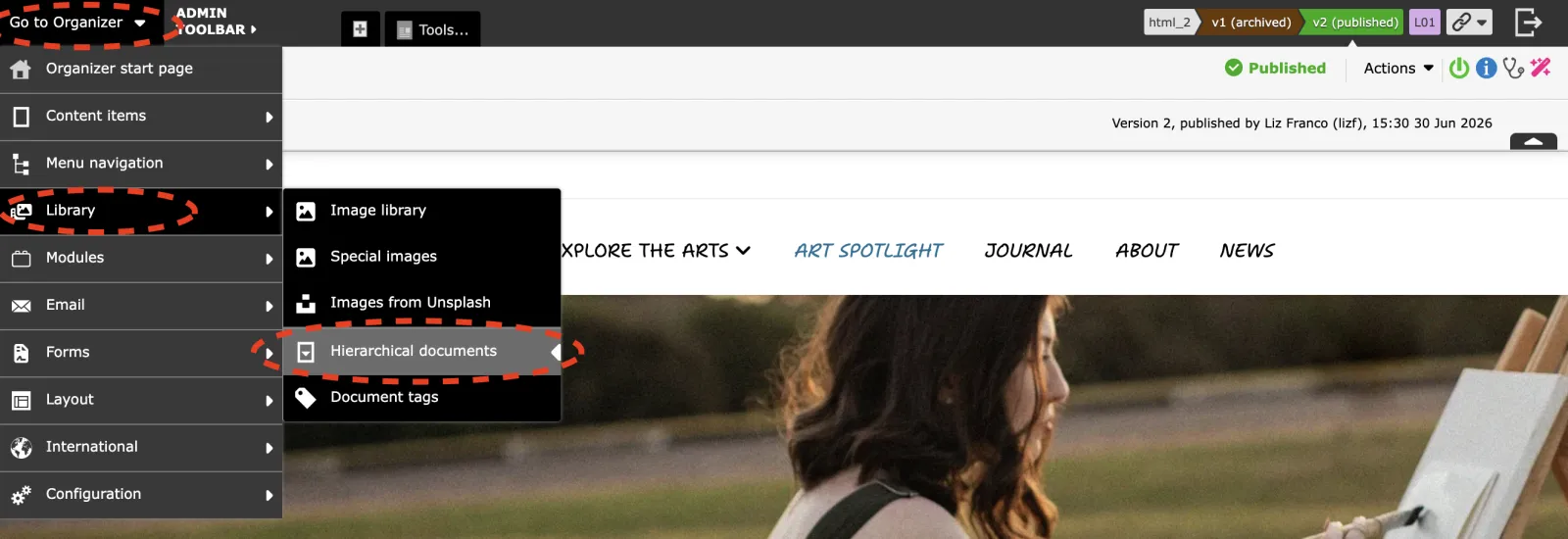 Zenario interface showing Organizer navigation menu with image library and document options