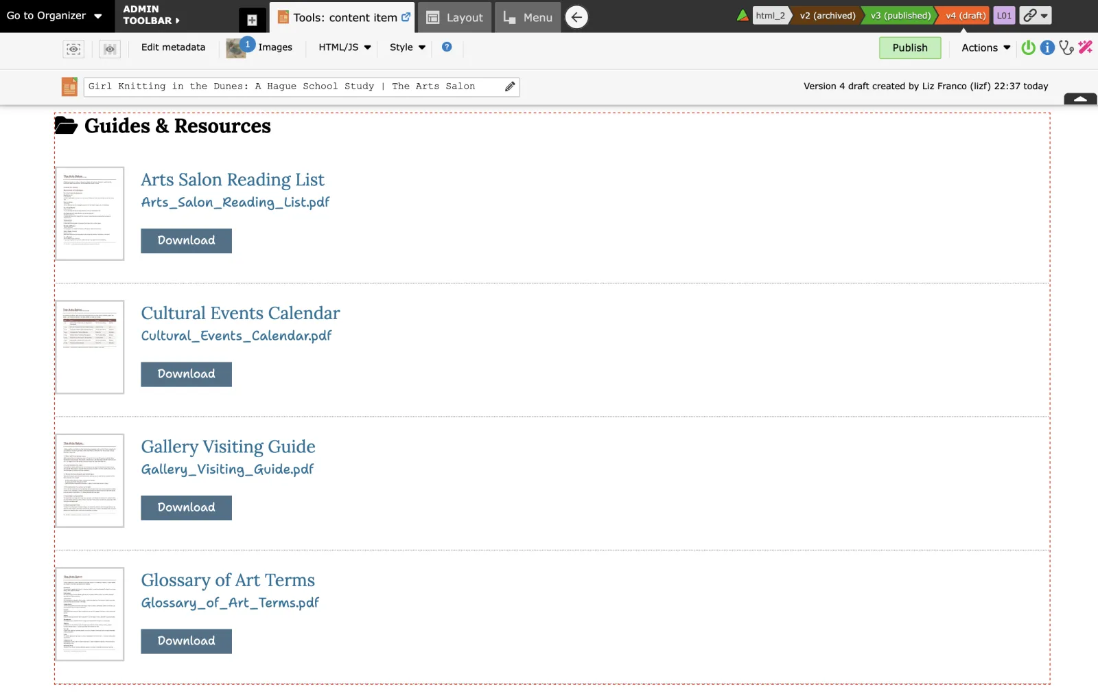 Zenario showing a Guides and Resources page with downloadable PDF documents