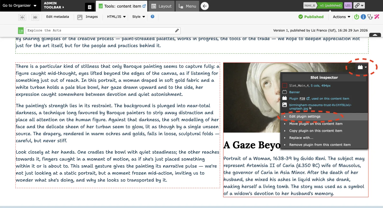 Admin toolbar interface showing content editing options and Slat inspector panel with plugin settings for an article