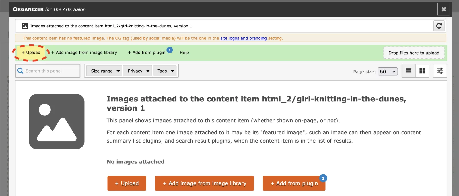 Zenario interface showing image attachment options for HTML content item with upload buttons