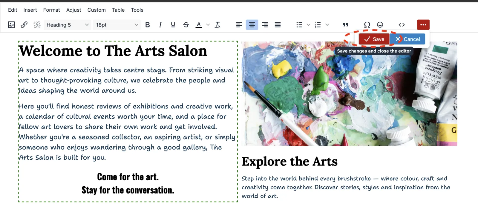 Zenario showing the WYSIWYG editor in use