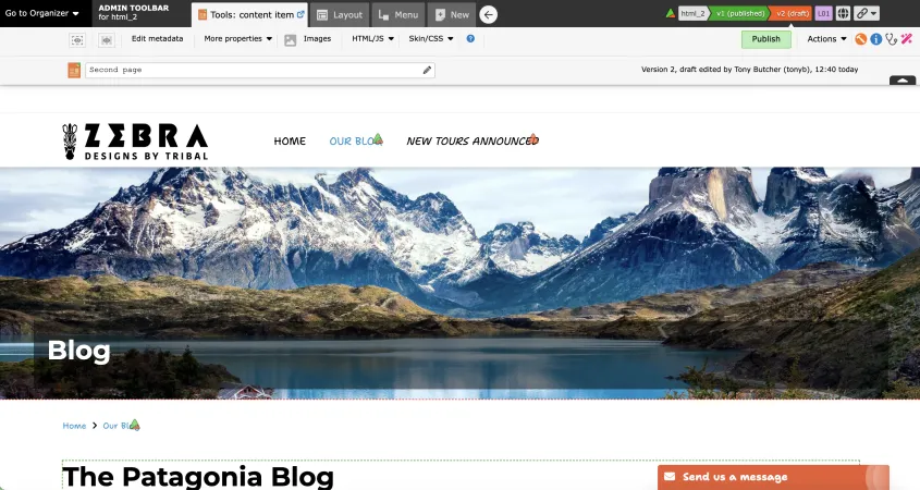 Zenario blog page in admin mode