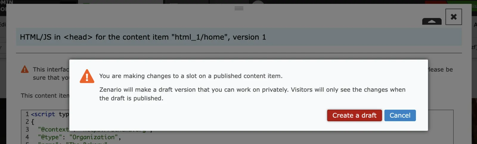 Warning dialog about making changes to published content item with draft version option