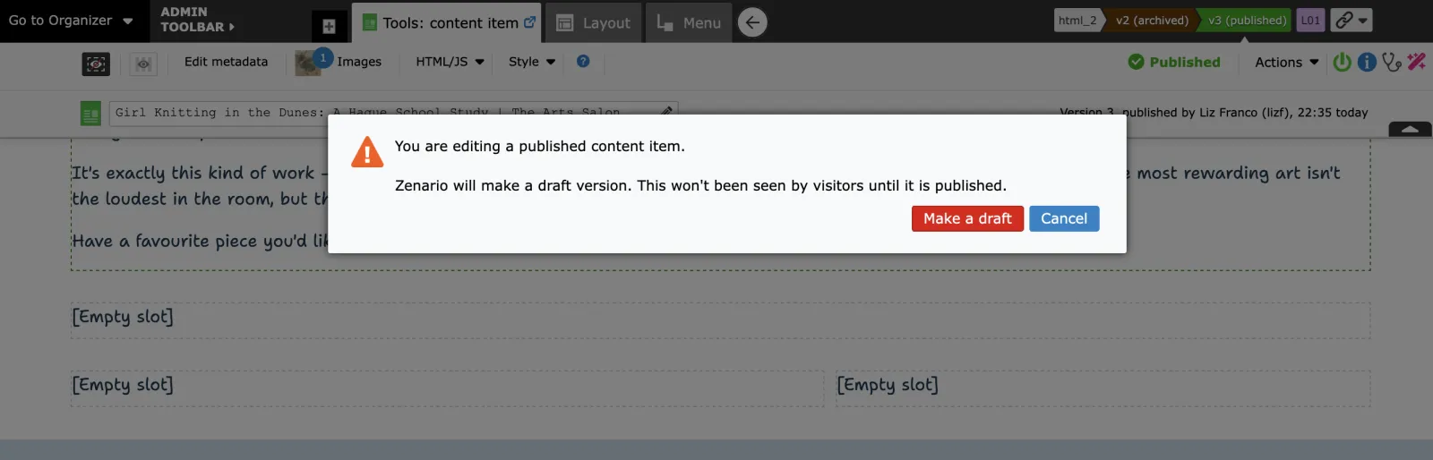 Zenario CMS dialog box warning about editing published content with Make a draft and Cancel buttons