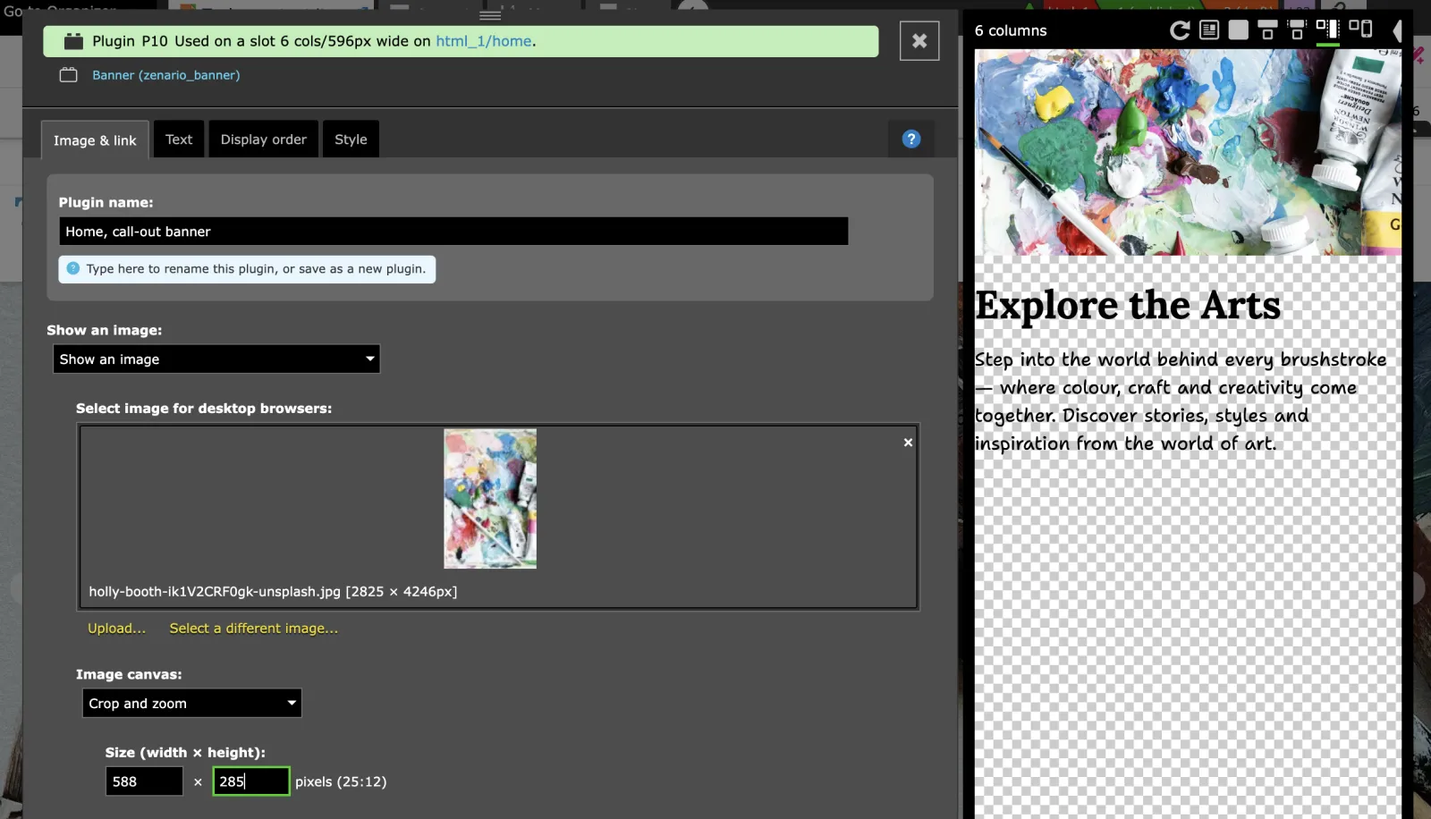 Zenario plugin configuration interface showing image upload settings for a call-out banner