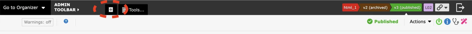 Zenario Admin Toolbar, highlighting Create New button