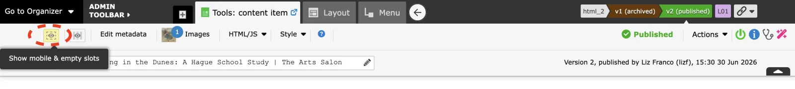 Zenario Admin toolbar interface showing content editing options, publishing status, and version information