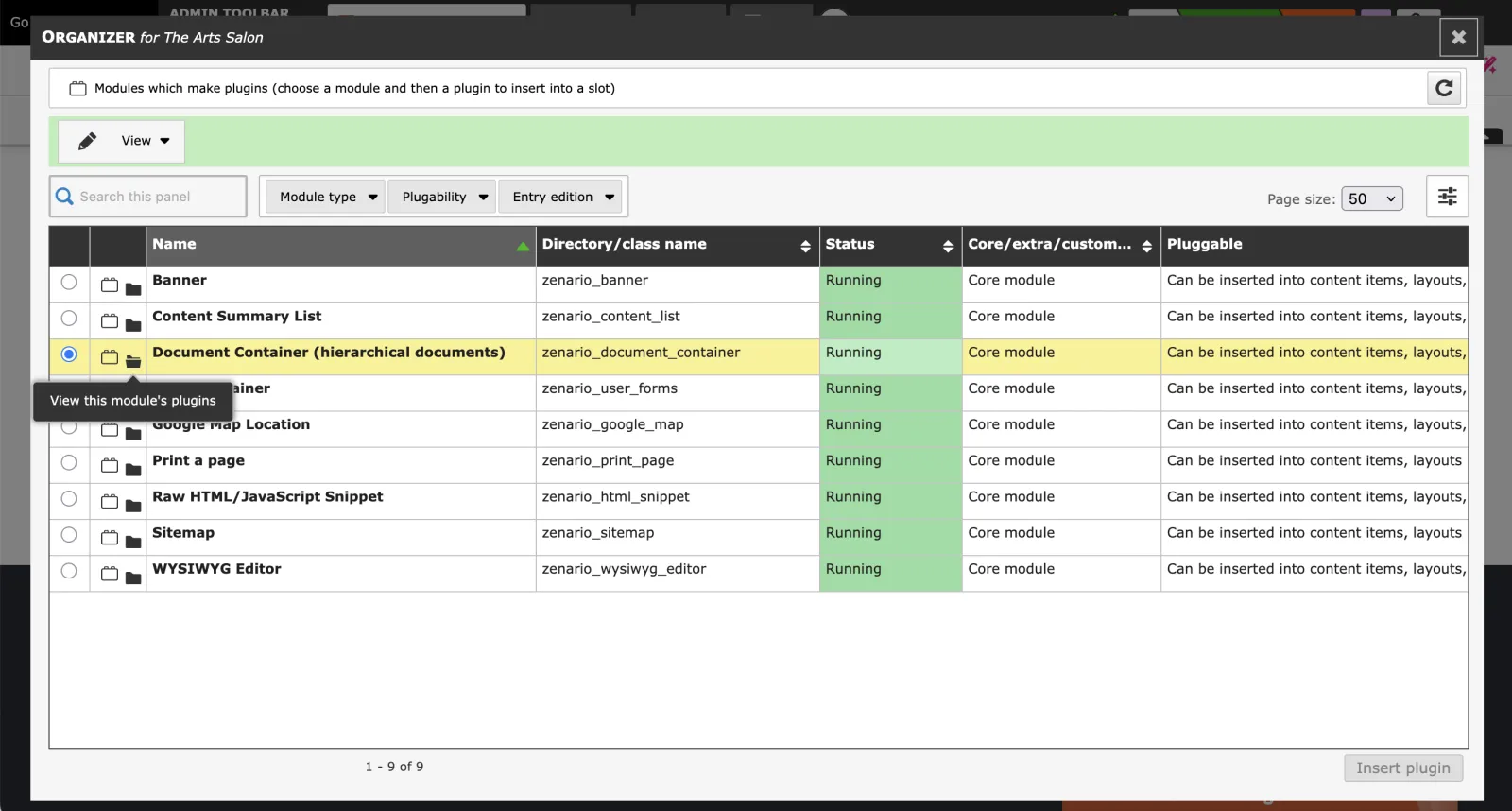 Zenario module management interface showing pluggable core modules with running status and directory names in a data table