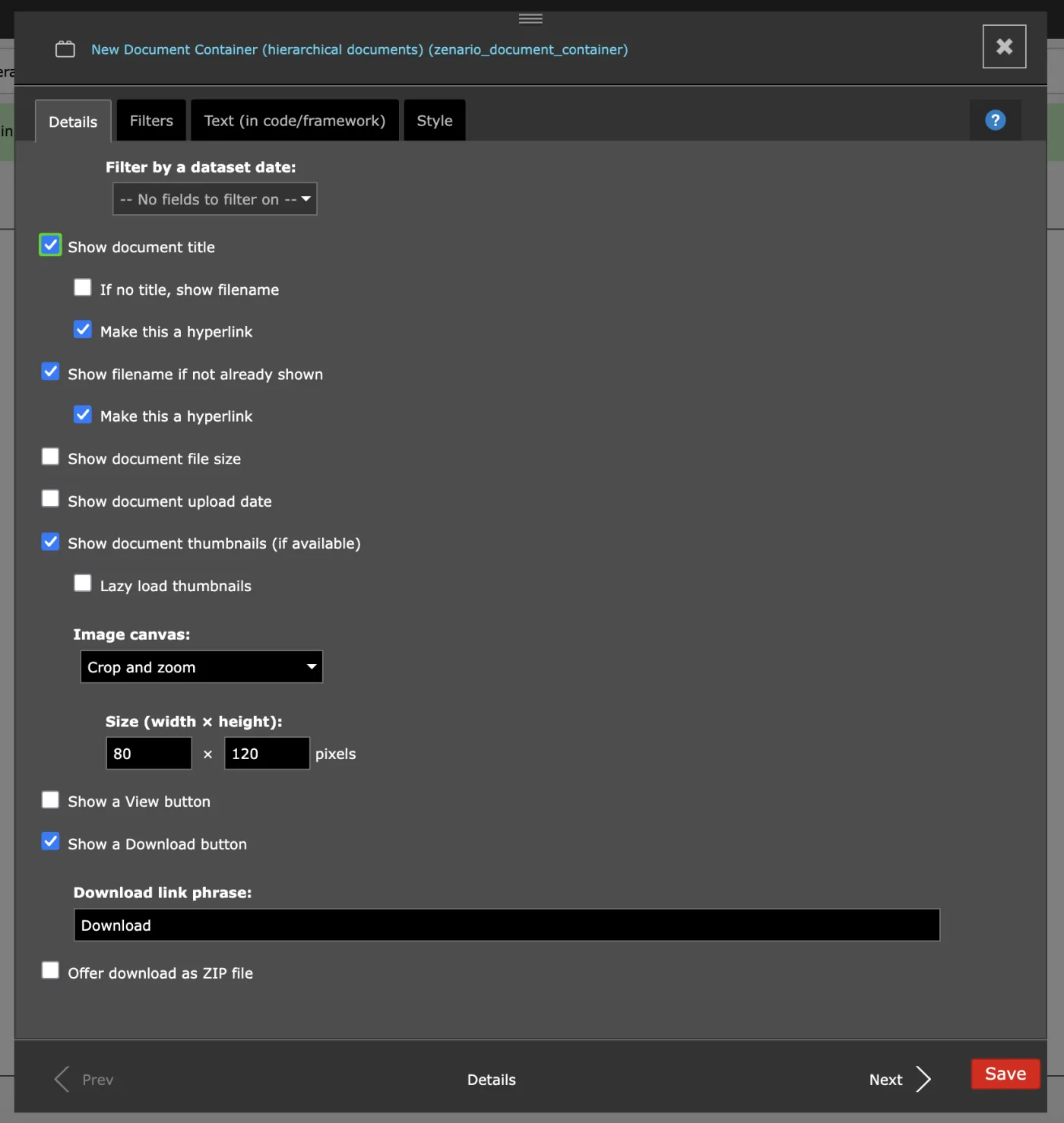 Zenario document container configuration interface showing filters, display options and thumbnail settings