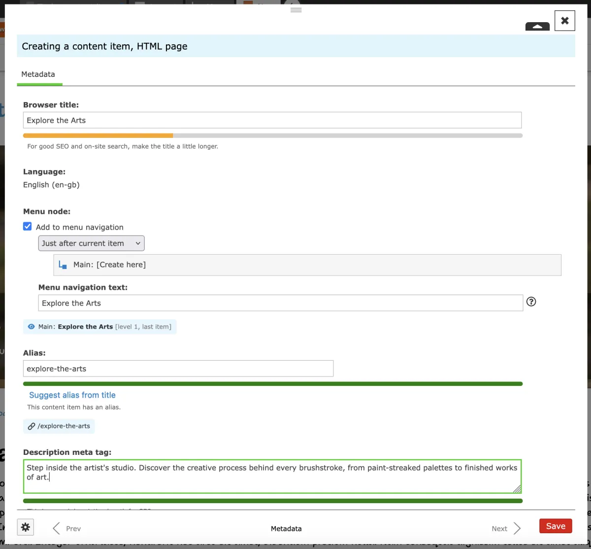 Zenario creating a new content item, box showing title and metadata fields