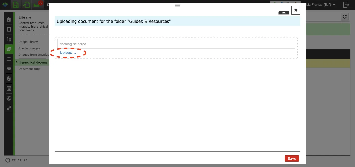 Zenario file upload dialog box for Guides and Resources folder with upload button highlighted