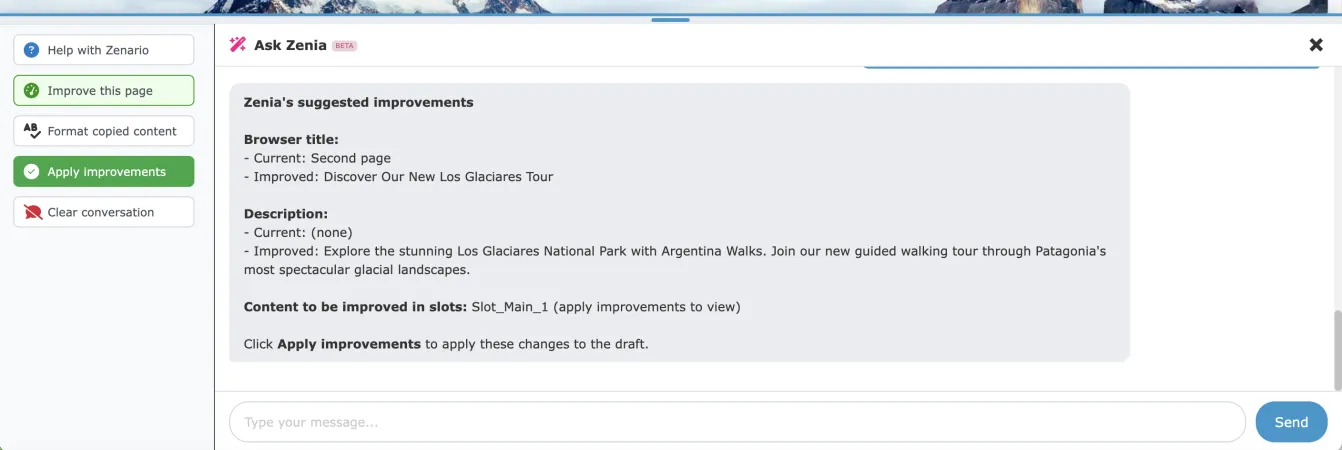 Having a conversation with AI Zenia in Zenario