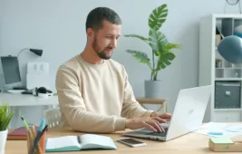 Man working on laptop at modern home office desk with plants and organized shelving
